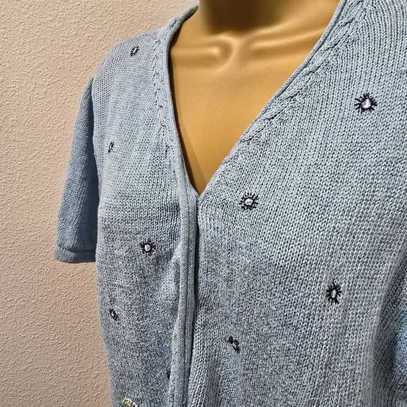 Vtg Blue Embroidered Cardigan Sweater Womens Lg Cottage Linen Blend Short Sleeve - Picture 2 of 8